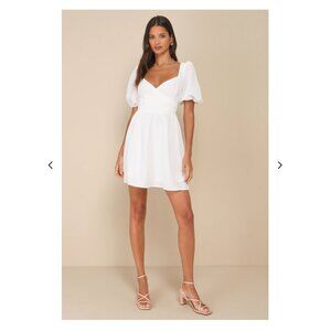 Lulus Little Bit In Love White Surplice Puff Sleeve Mini Dress - Small